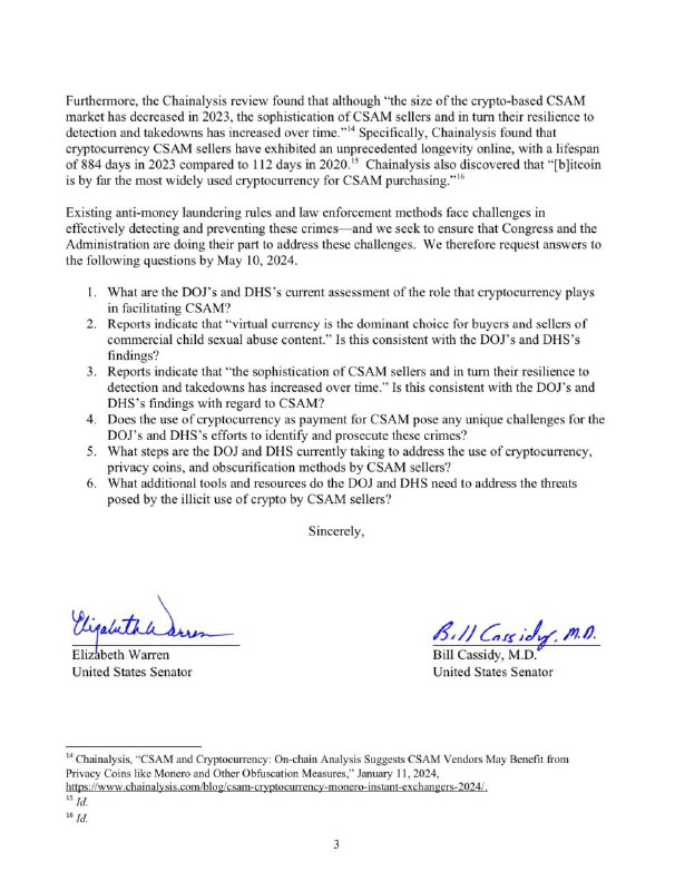 JUST IN: 🇺🇸 US Senator Elizabeth Warren writes letter to the DOJ claiming cryptocurrency is the 