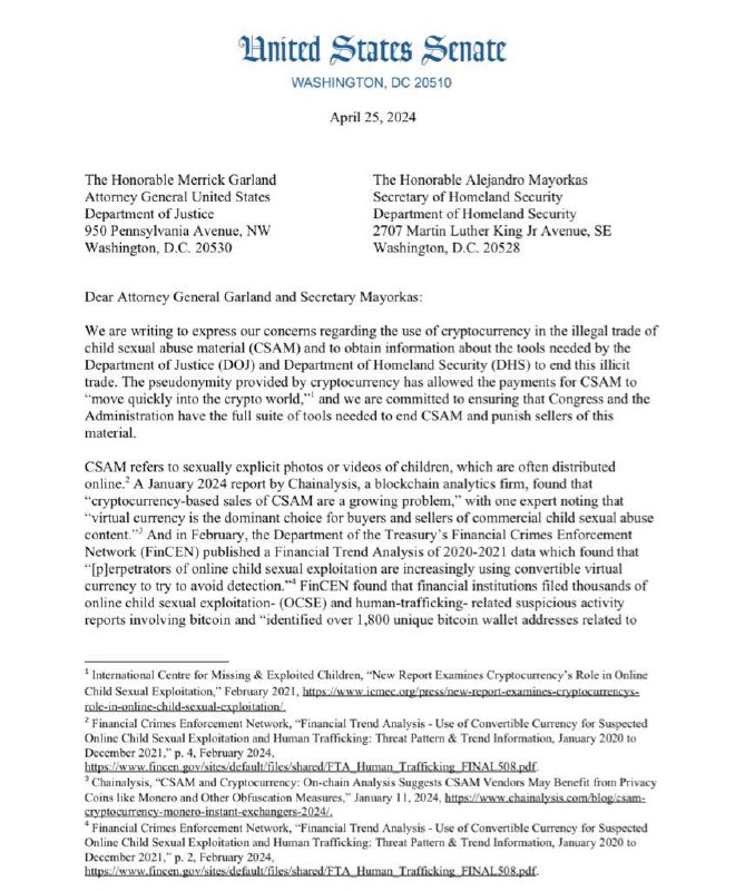 JUST IN: 🇺🇸 US Senator Elizabeth Warren writes letter to the DOJ claiming cryptocurrency is the 