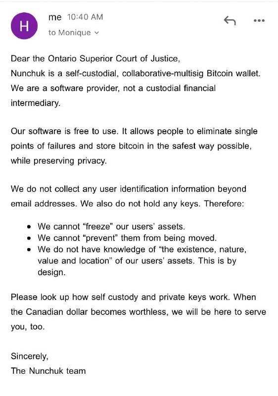 The Canadian government sent a Mareva Injunction to Nunchuk, ordering them to freeze Bitcoin wallets and disclose user information. Here’s how the team responded to the government.@WatcherGuru
