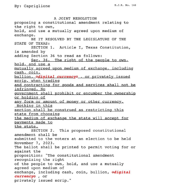 JUST IN: 🇺🇸 Texas lawmakers propose adding a #cryptocurrency constitutional amendment to the states Bill of Rights.📰 Full Story @WatcherGuru