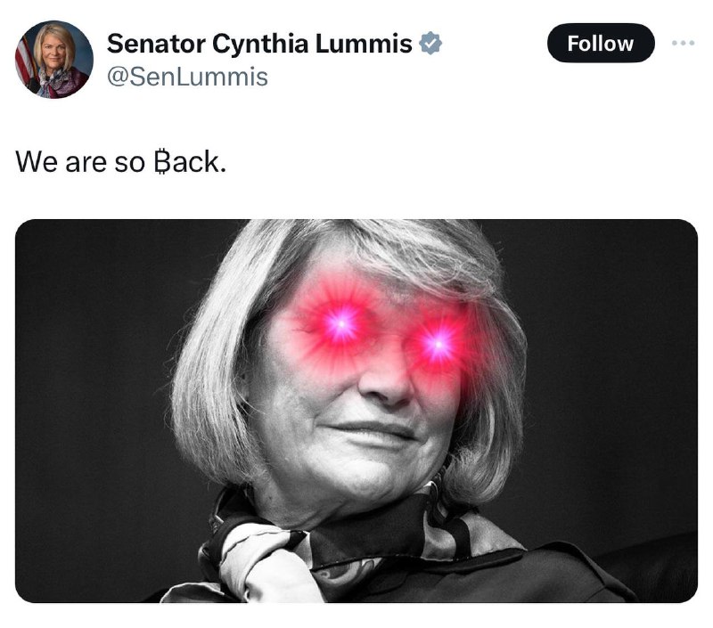 JUST IN: 🇺🇸 US Senator Cynthia Lummis posts Bitcoin laser eyes after pro-crypto legislation passed in the Senate today.@WatcherGuru
