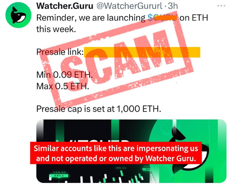 ⚠️ SCAM ALERT: Watcher Guru has not and will never release a cryptocurrency token/coin project.Any and all projects claiming to be owned, endorsed, or backed by us is a scam.We have been targeted by bots impersonating us and we suggest you block and report those accounts.