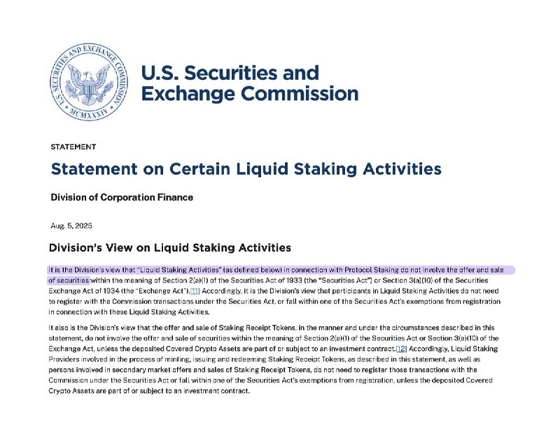 JUST IN: 🇺🇸 SEC declares crypto liquid staking activities are not considered securities.📰 Full Story@WatcherGuru