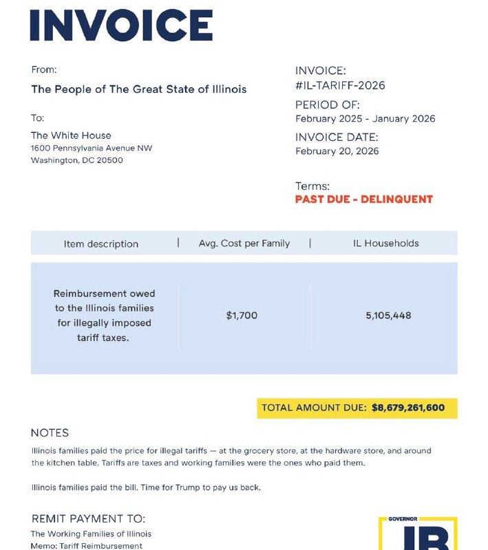 JUST IN: 🇺🇸 Illinois Governor JB Pritzker sends invoice to President Trump demanding $8.6 billion in refunds following Supreme Court tariff ruling.@WatcherGuruJUST IN: 🇺🇸 Illinois Governor JB Pritzker sends invoice to President Trump demanding $8.6 billion in refunds following Supreme Court tariff ruling.@WatcherGuru