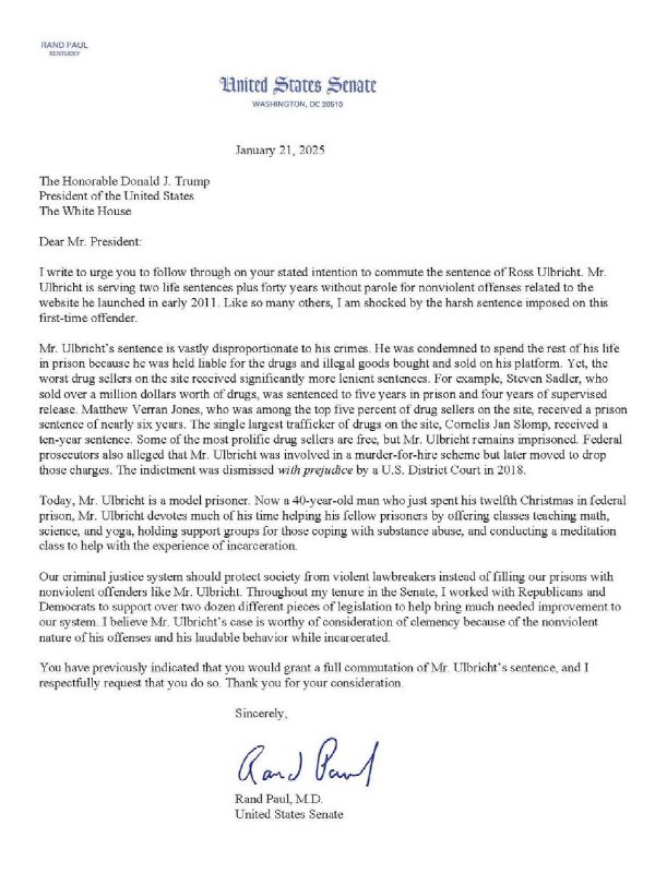 JUST IN: 🇺🇸 Senator Rand Paul calls on President Trump to free Silk Road founder Ross Ulbricht from his life sentence.@WatcherGuru