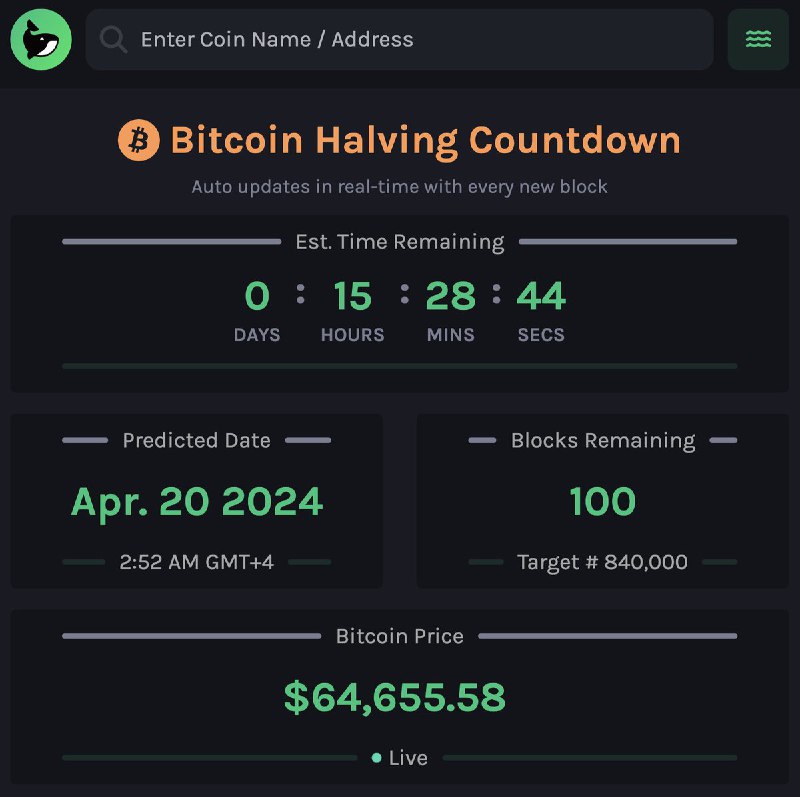 JUST IN: 100 blocks remain until Bitcoin halving.@WatcherGuru