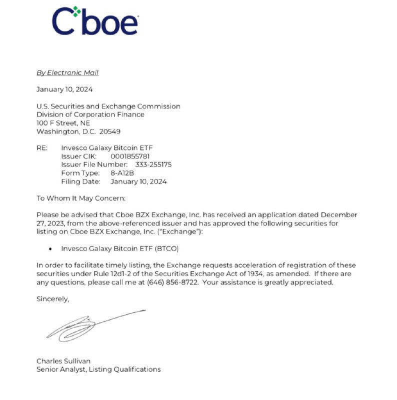 JUST IN: Cboe approves the following Spot Bitcoin ETFs for listing on its exchange, pending SEC approval:• VanEck• Fidelity • Franklin• ArkInvest• Invesco Galaxy@WatcherGuruJUST IN: Cboe approves the following Spot Bitcoin ETFs for listing on its exchange, pending SEC approval:• VanEck• Fidelity • Franklin• ArkInvest• Invesco Galaxy@WatcherGuru