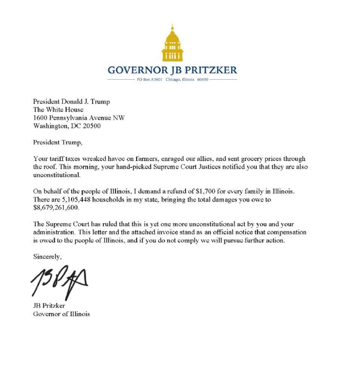 JUST IN: 🇺🇸 Illinois Governor JB Pritzker sends invoice to President Trump demanding $8.6 billion in refunds following Supreme Court tariff ruling.@WatcherGuruJUST IN: 🇺🇸 Illinois Governor JB Pritzker sends invoice to President Trump demanding $8.6 billion in refunds following Supreme Court tariff ruling.@WatcherGuru