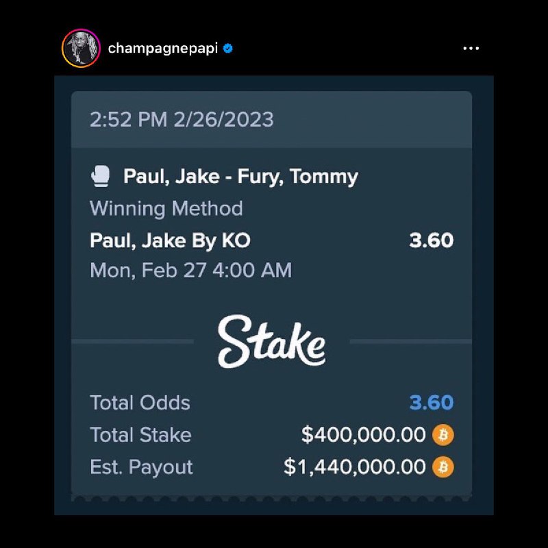 JUST IN: Rapper Drake lost $400,000 in Bitcoin after losing a bet on YouTuber Jake Paul's boxing match.@WatcherGuru