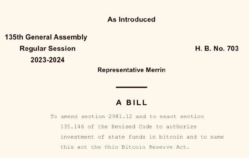 JUST IN: 🇺🇸 Ohio Representative files bill to create strategic Bitcoin Reserve for the state.@WatcherGuru