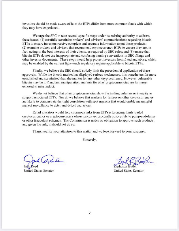 JUST IN: 🇺🇸 Democratic Senators Jack Reed & Laphonza Butler send letter to SEC Chair Gary Gensler requesting he deny other crypto ETFs.@WatcherGuruJUST IN: 🇺🇸 Democratic Senators Jack Reed & Laphonza Butler send letter to SEC Chair Gary Gensler requesting he deny other crypto ETFs.@WatcherGuru
