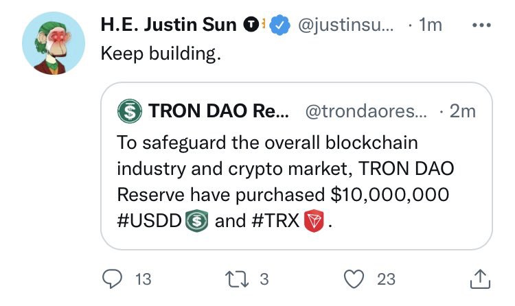 JUST IN: Tron DAO Reserve has purchased an additional $10 million $USDD and TRX. @WatcherGuru