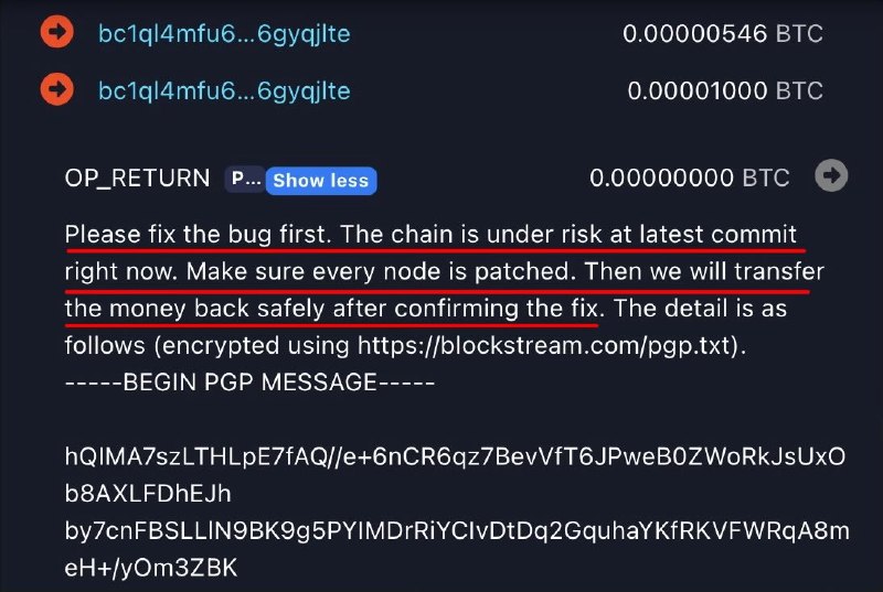 JUST IN: 4,000 Bitcoin worth $320 million withdrawn following Liquid Network hack.The hacker is now communicating with network maintainers through on-chain Bitcoin transactions & intends to return the $BTC after the vulnerability is fixed.@WatcherGuru
