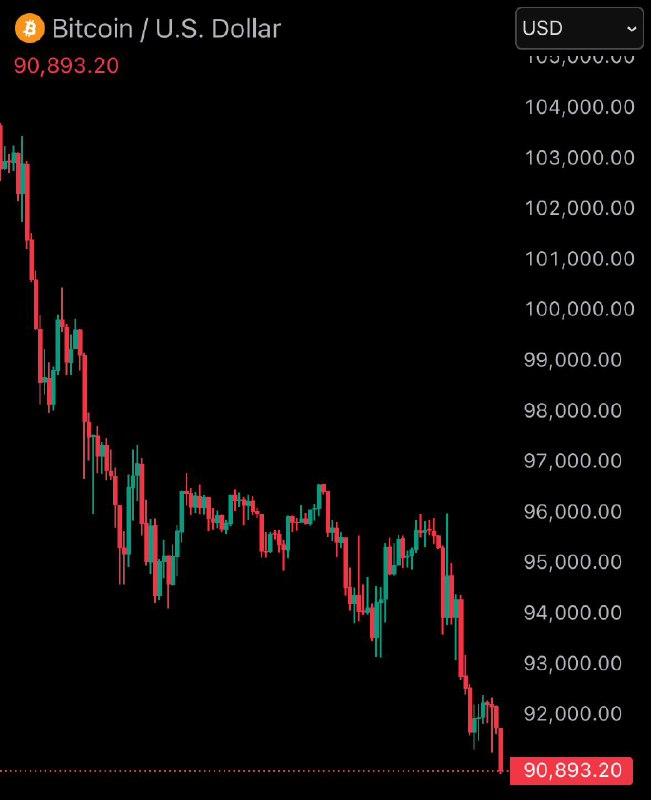 JUST IN: Bitcoin falls under $91,000@Bitcoin_Price