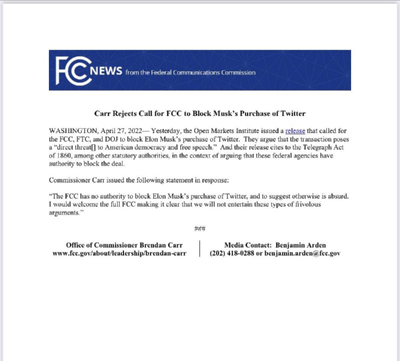 JUST IN: The FCC, FTC and DOJ were asked to block Elon Musk’s deal to acquire Twitter after claiming the transaction poses a “direct threat to American democracy and free speech”.The Commissioner responded and said they had no authority to block the purchase. @WatcherGuru
