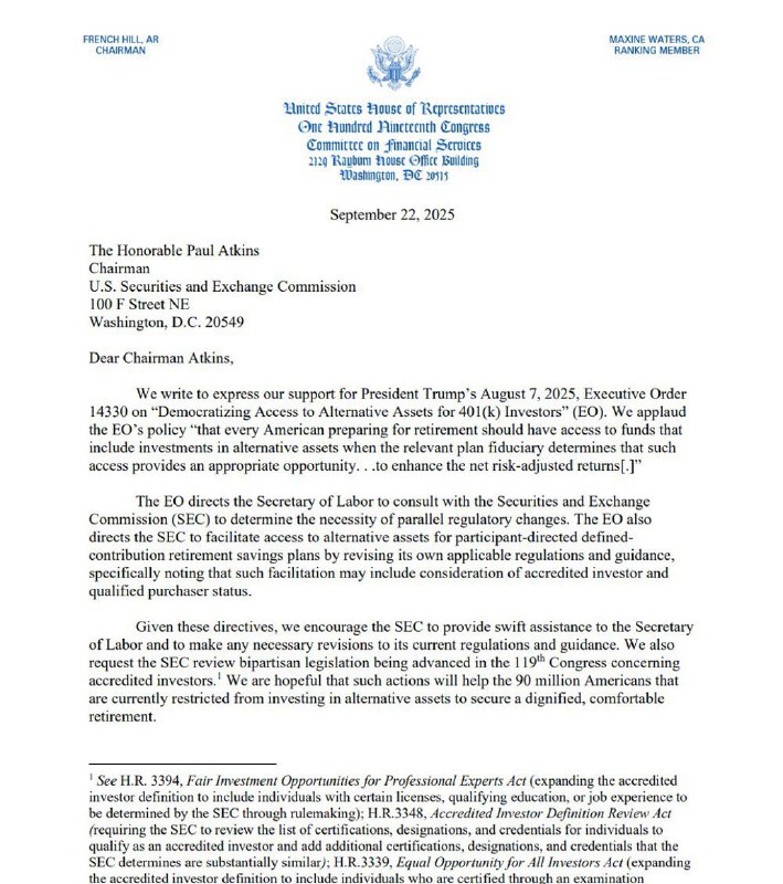 JUST IN: 🇺🇸 US lawmakers ask SEC to implement President Trump's executive order opening the $12.5 trillion 401k retirement market to crypto.📰 Full Story@WatcherGuruJUST IN: 🇺🇸 US lawmakers ask SEC to implement President Trump's executive order opening the $12.5 trillion 401k retirement market to crypto.📰 Full Story@WatcherGuru