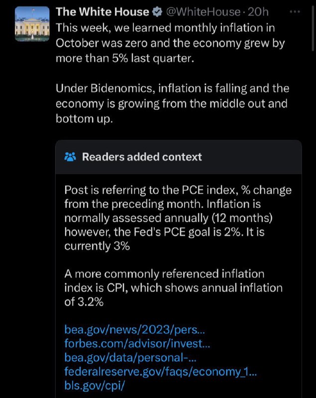 JUST IN: 🇺🇸 White House receives a community note after claiming inflation was 0% in October.@WatcherGuru