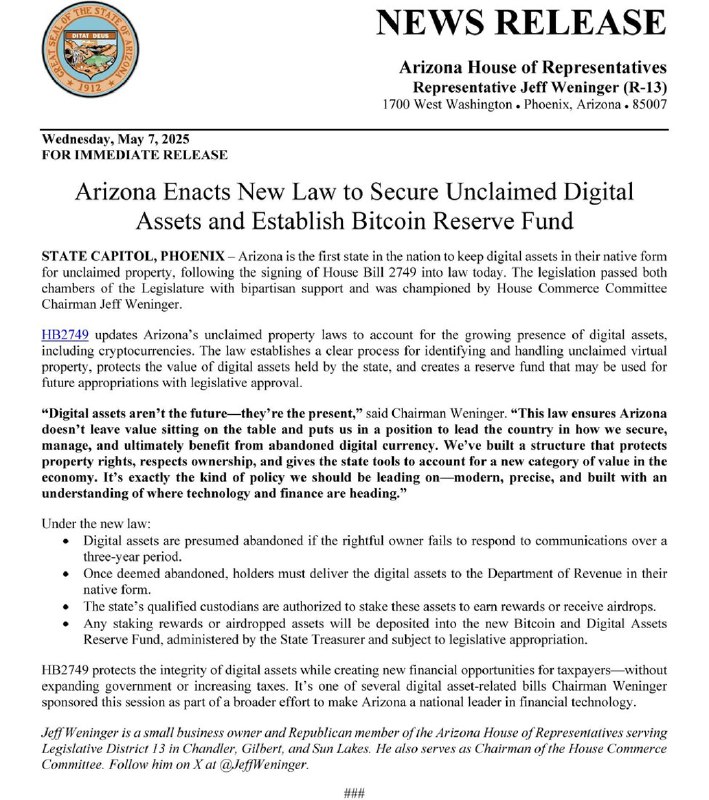 JUST IN: 🇺🇸 Arizona Governor officially signs law to establish a 
