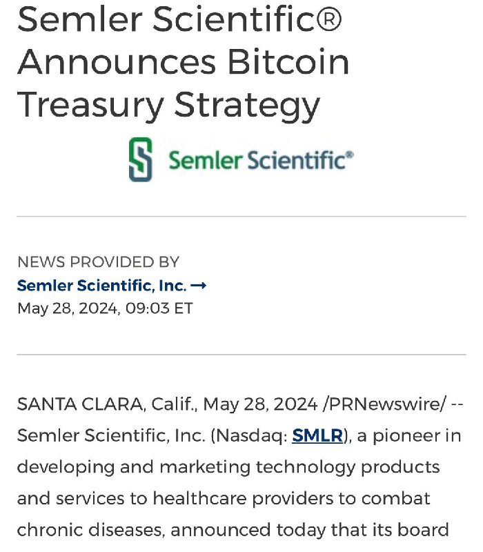 JUST IN: Healthcare company Semler Scientific buys 581 Bitcoin worth $40 million. The company has also adopted Bitcoin as its primary treasury reserve asset.@WatcherGuruJUST IN: Healthcare company Semler Scientific buys 581 Bitcoin worth $40 million. The company has also adopted Bitcoin as its primary treasury reserve asset.@WatcherGuru