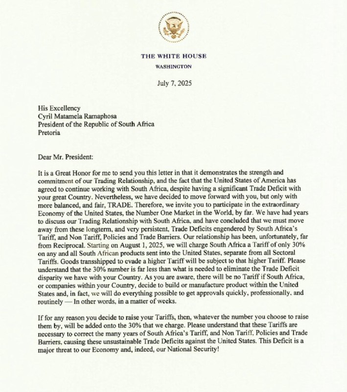 JUST IN: 🇺🇸 US announces 30% tariff on South Africa and 25% tariff on Malaysia and Kazakhstan.@WatcherGuruJUST IN: 🇺🇸 US announces 30% tariff on South Africa and 25% tariff on Malaysia and Kazakhstan.@WatcherGuru