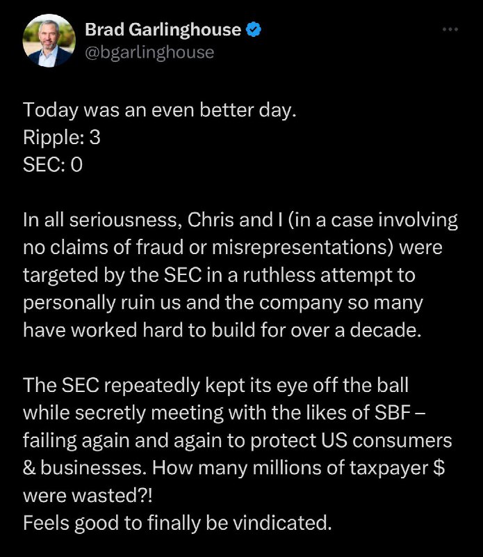 JUST IN: Ripple XRP CEO Brad Garlinghouse releases statement following SEC dropping lawsuit against him.@WatcherGuru