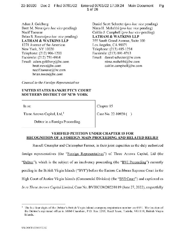 BREAKING: Three Arrows Capital has filed for Chapter 15 bankruptcy in New York. @WatcherGuru