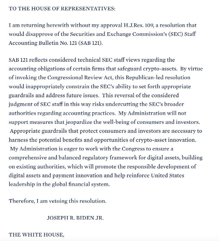 BREAKING: 🇺🇸 President Biden vetoes bill that allows highly regulated financial firms to hold Bitcoin and crypto.@WatcherGuruBREAKING: 🇺🇸 President Biden vetoes bill that allows highly regulated financial firms to hold Bitcoin and crypto.@WatcherGuru
