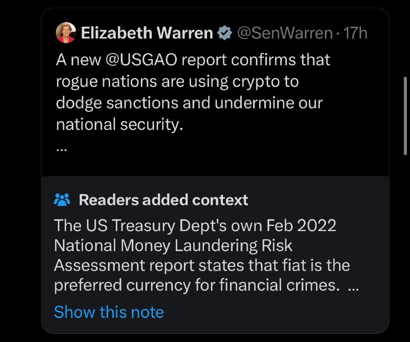 JUST IN: 🇺🇸 Senator Elizabeth Warren gets community noted after claiming nations are using crypto to dodge sanctions and undermine national security.@WatcherGuruJUST IN: 🇺🇸 Senator Elizabeth Warren gets community noted after claiming nations are using crypto to dodge sanctions and undermine national security.@WatcherGuru