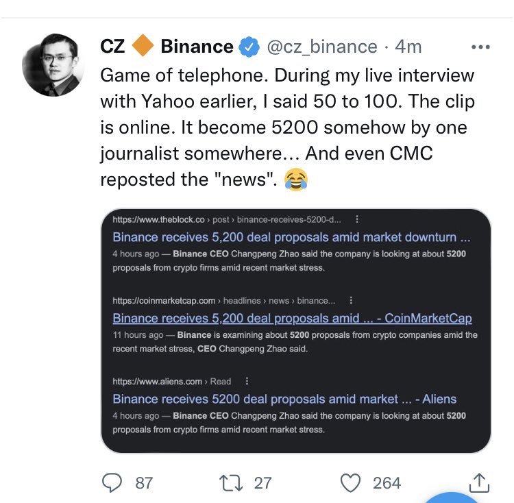 JUST IN: Binance CEO says the company is reviewing 50 to 100 deals from cryptocurrency businesses in light of recent market turmoil. @WatcherGuru