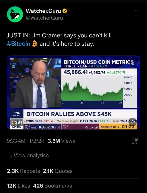 JUST IN: Bitcoin falls 5.6% one day after Jim Cramer says you can't kill Bitcoin and it's here to stay.@WatcherGuruJUST IN: Bitcoin falls 5.6% one day after Jim Cramer says you can't kill Bitcoin and it's here to stay.@WatcherGuru