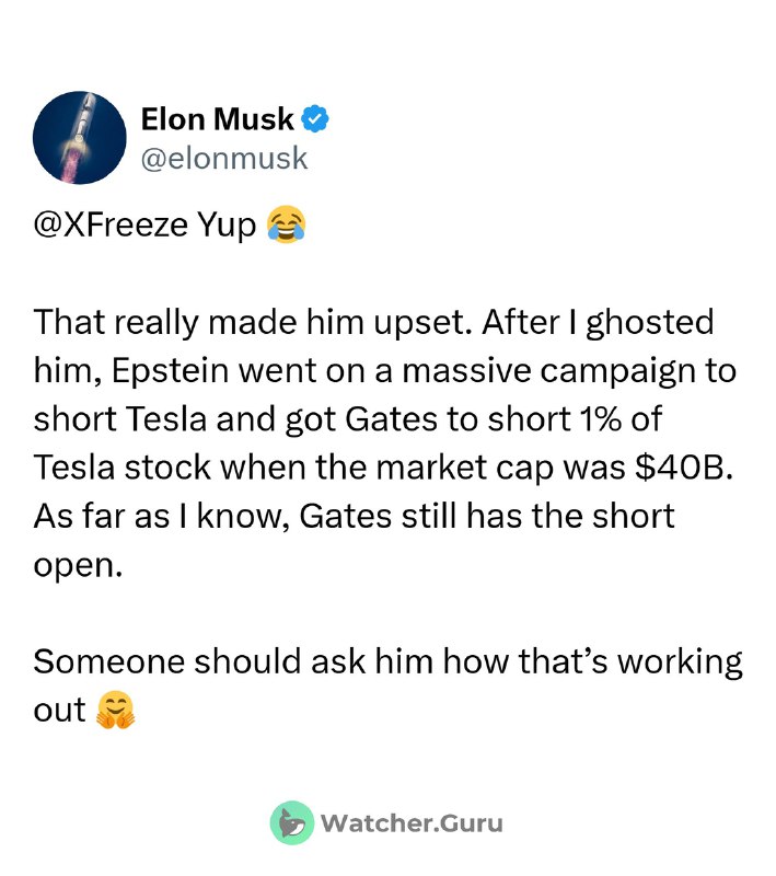JUST IN: Elon Musk says Jeffrey Epstein launched a massive campaign to short Tesla $TSLA after being ghosted.@WatcherGuruJUST IN: Elon Musk says Jeffrey Epstein launched a massive campaign to short Tesla $TSLA after being ghosted.@WatcherGuru