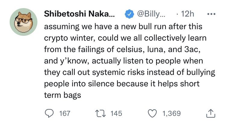 Dogecoin co-founder Billy Markus has urged the crypto community to collectively learn from the mistakes of Celsius, 3AC, and $LUNA. @WatcherGuru