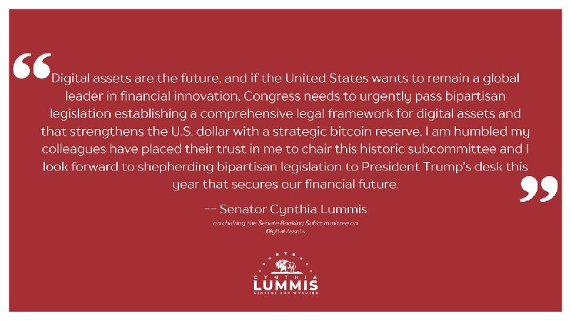 JUST IN: 🇺🇸 Senator Cynthia Lummis officially named chair of Senate Banking Subcommittee on Digital Assets.📰 Full Story@WatcherGuru