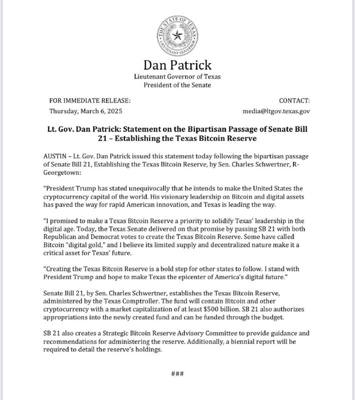 JUST IN: 🇺🇸 Texas Lieutenant Governor Dan Patrick says Bitcoin's 