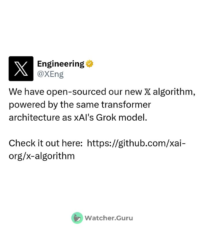 JUST IN: X officially open sources its new algorithm powered by Grok.@WatcherGuruJUST IN: X officially open sources its new algorithm powered by Grok.@WatcherGuru