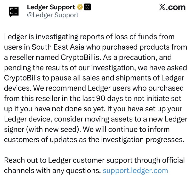 JUST IN: Ledger investigates potential $86 million crypto theft linked to hardware wallets sold by a reseller in Southeast Asia.@WatcherGuru