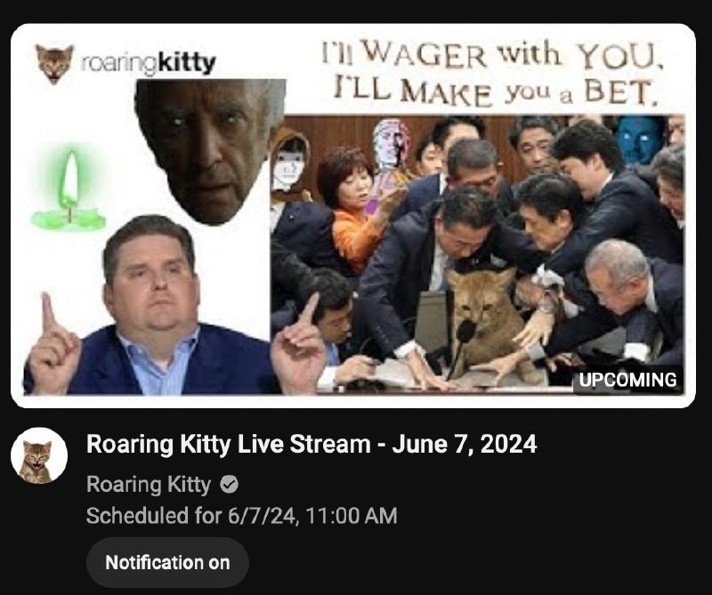 JUST IN: GameStop $GME up 33% after Roaring Kitty scheduled a YouTube livestream for tomorrow.@WatcherGuru