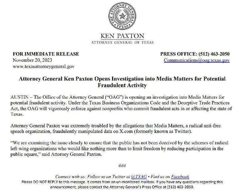 JUST IN: 🇺🇸 Texas Attorney General Ken Paxton launches investigation into Media Matters for potential fraudulent activity against X (Twitter).@WatcherGuru