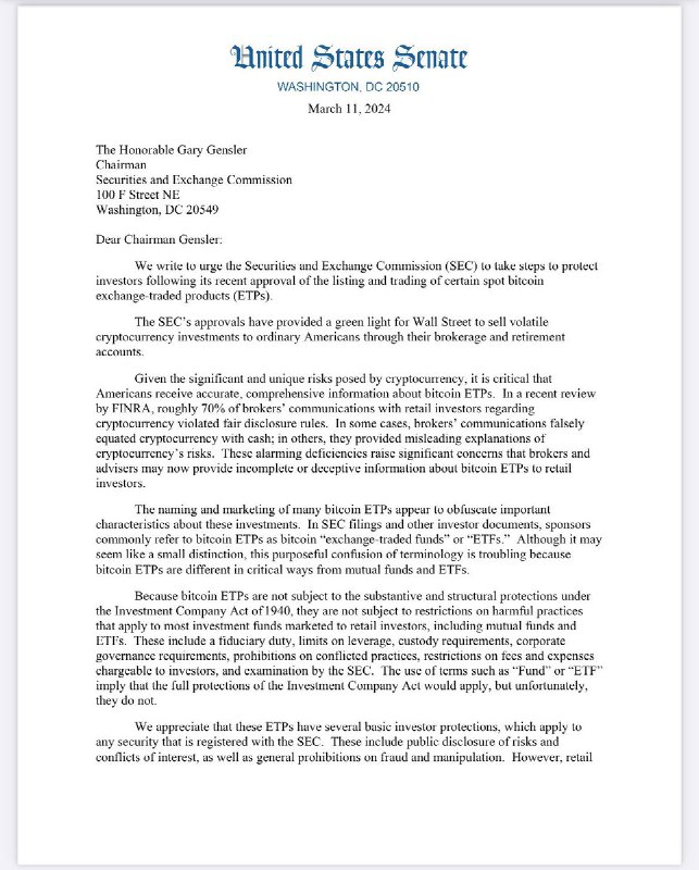 JUST IN: 🇺🇸 Democratic Senators Jack Reed & Laphonza Butler send letter to SEC Chair Gary Gensler requesting he deny other crypto ETFs.@WatcherGuruJUST IN: 🇺🇸 Democratic Senators Jack Reed & Laphonza Butler send letter to SEC Chair Gary Gensler requesting he deny other crypto ETFs.@WatcherGuru