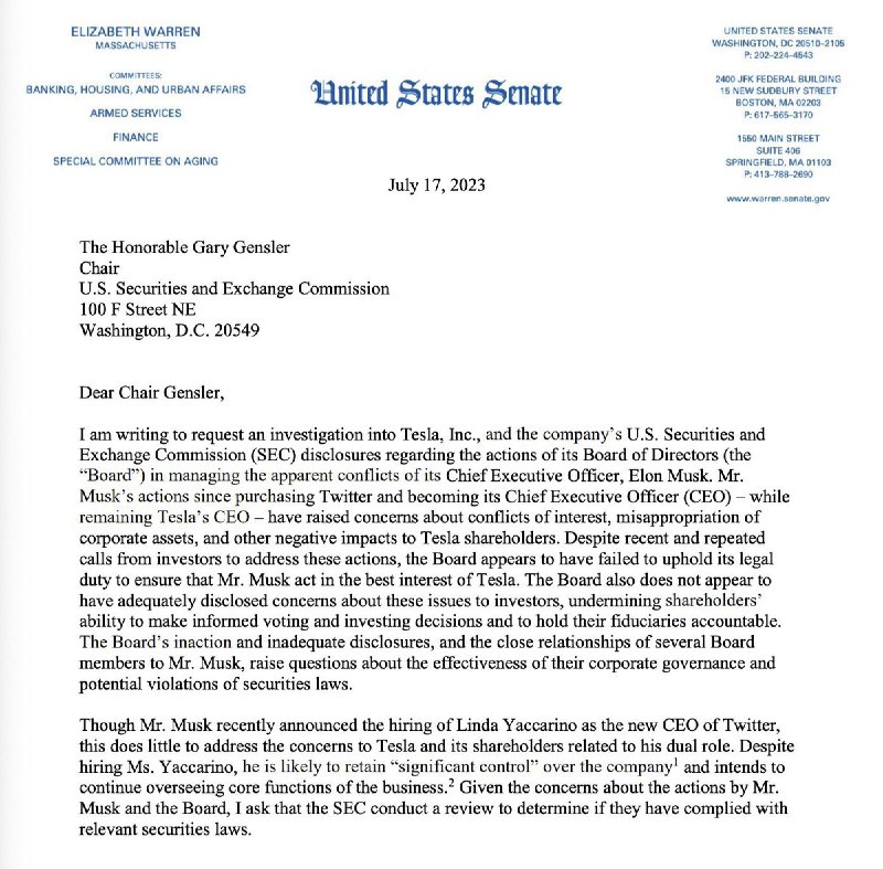JUST IN: 🇺🇸 Senator Elizabeth Warren requests SEC investigation into Elon Musk's Tesla over Twitter ties, alleging misappropriating assets and conflicts of interest.📰 Full Story @WatcherGuru