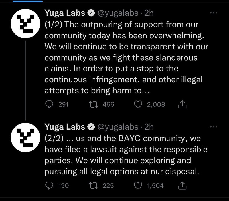 JUST IN: Yuga Labs and the Bored Ape Yacht Club community have filed a lawsuit against the responsible parties suggesting the BAYC founders are super-secret nazis. @WatcherGuru
