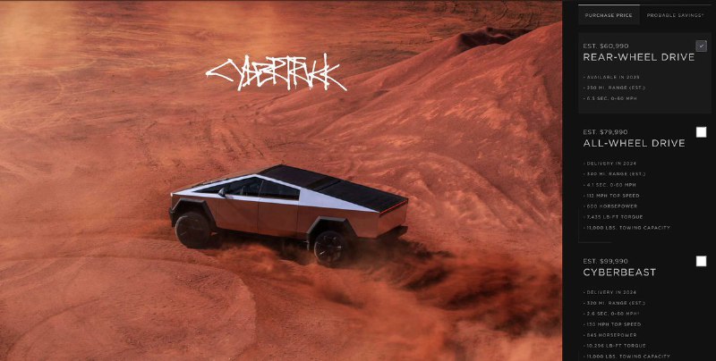 JUST IN: Elon Musk releases Cybertruck pricing. • Cyberbeast - $99,990• All-Wheel Drive - $79,990• Rear-Wheel Drive - $60,990@WatcherGuru