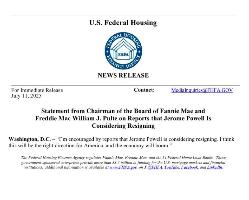 JUST IN: 🇺🇸 Federal Reserve Chair Jerome Powell reportedly considers resigning.@WatcherGuru