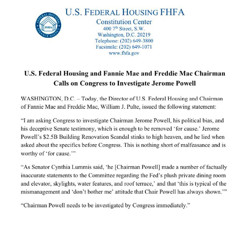 JUST IN: 🇺🇸 US federal housing regulator calls on Congress to investigate Fed Chair Jerome Powell.📰 Full Story@WatcherGuru