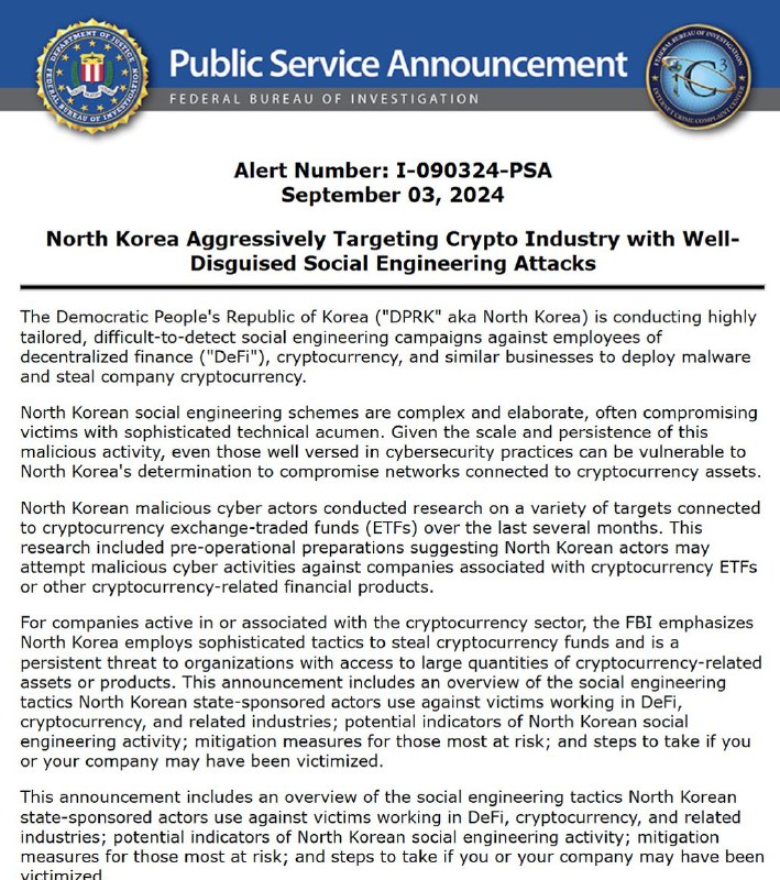 JUST IN: 🇺🇸🇰🇵 FBI warns that North Korea is trying to hack and steal US crypto & Bitcoin ETF funds.@WatcherGuruJUST IN: 🇺🇸🇰🇵 FBI warns that North Korea is trying to hack and steal US crypto & Bitcoin ETF funds.@WatcherGuru