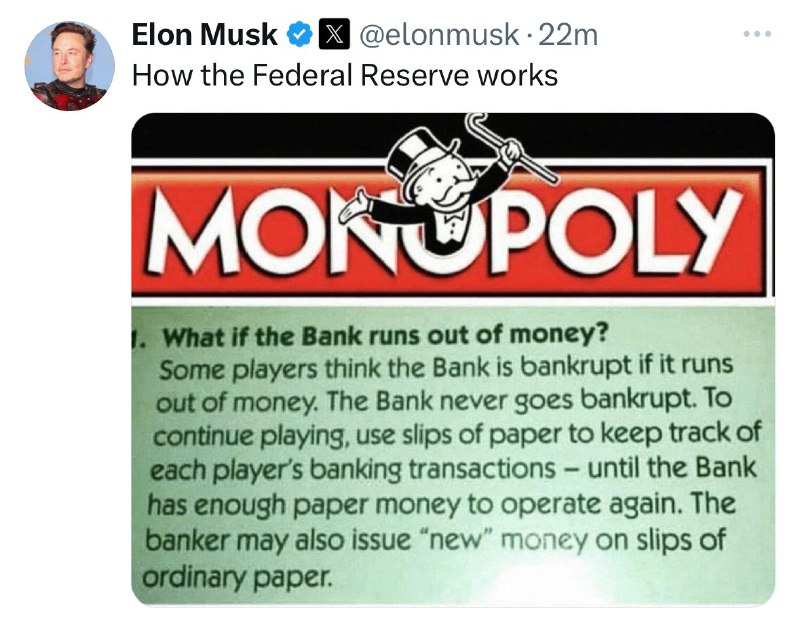 JUST IN: Elon Musk compares the US Federal Reserve to Monopoly.@WatcherGuruJUST IN: Elon Musk compares the US Federal Reserve to Monopoly.@WatcherGuru