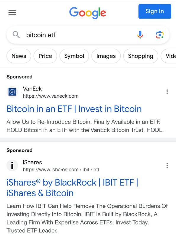 JUST IN: BlackRock & VanEck are now advertising Spot Bitcoin ETFs on Google following new policy update.@WatcherGuru