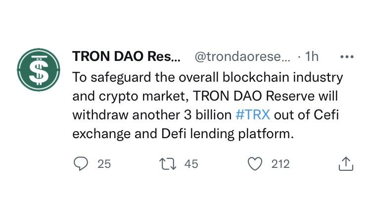 JUST IN: TRON DAO Reserve will withdraw another 3 billion TRX to safeguard the overall blockchain and crypto market. @WatcherGuru