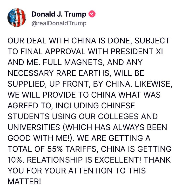 BREAKING: 🇺🇸🇨🇳 President Trump finalizes trade deal with China.@WatcherGuru
