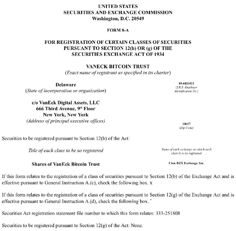JUST IN: VanEck files registration of securities with SEC for its spot Bitcoin ETF.@WatcherGuru